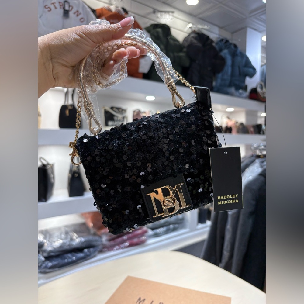 Badgley Mischka Black Sequin Mini Shoulder Bag with Gold Hardware